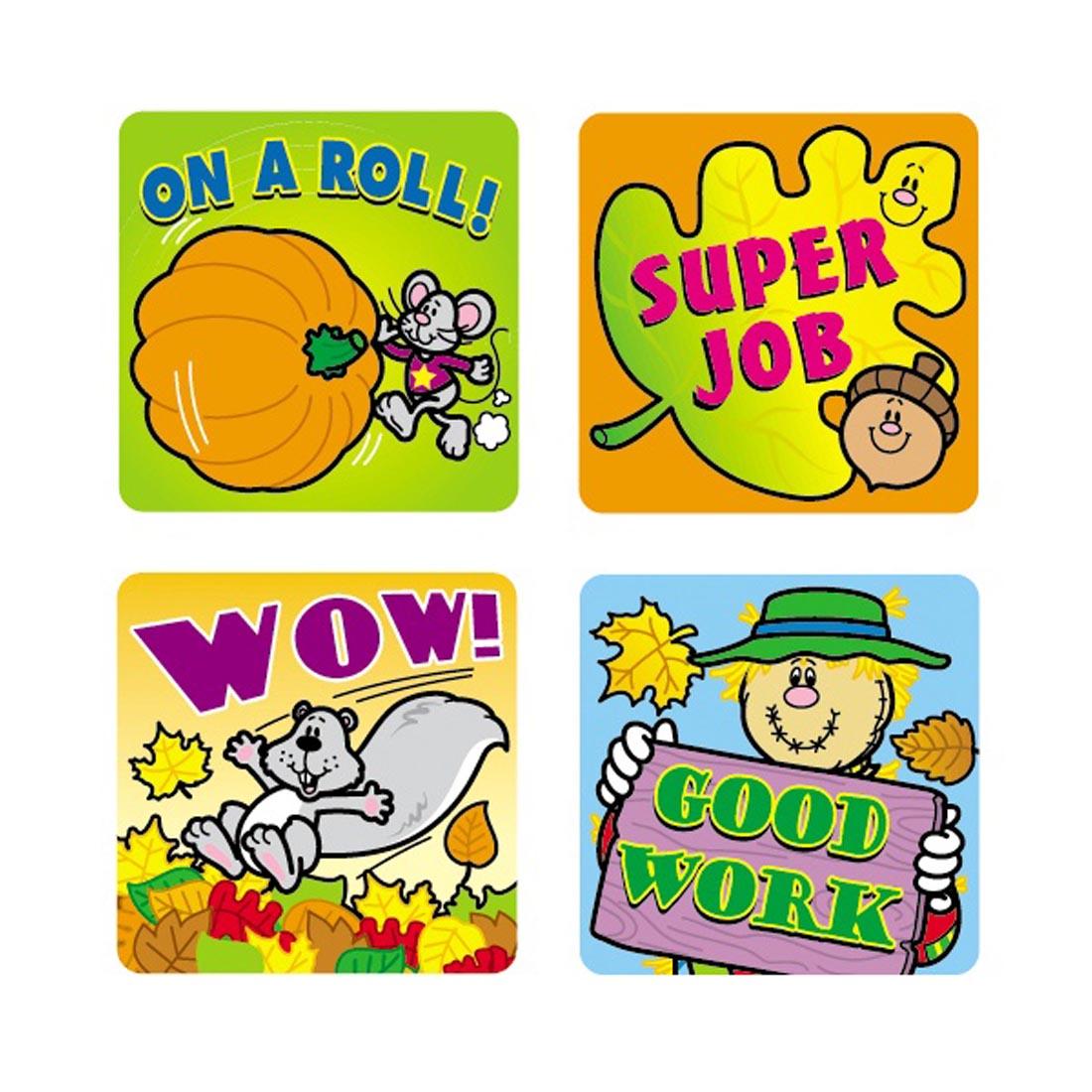 Fall Fun Stickers by Carson Dellosa that say On a Roll, Super Job, Wow and Good Work