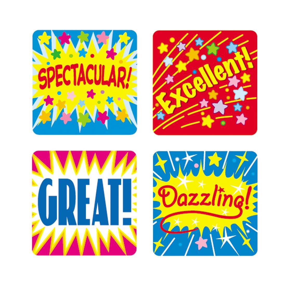 Positive Words Stickers by Carson Dellosa that say Spectacular, Excellent, Great and Dazzling
