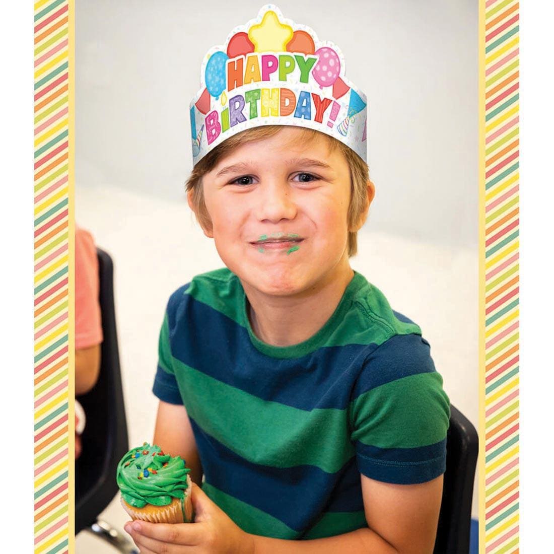 child with cupcake wearing a Happy Birthday Crown By Carson Dellosa