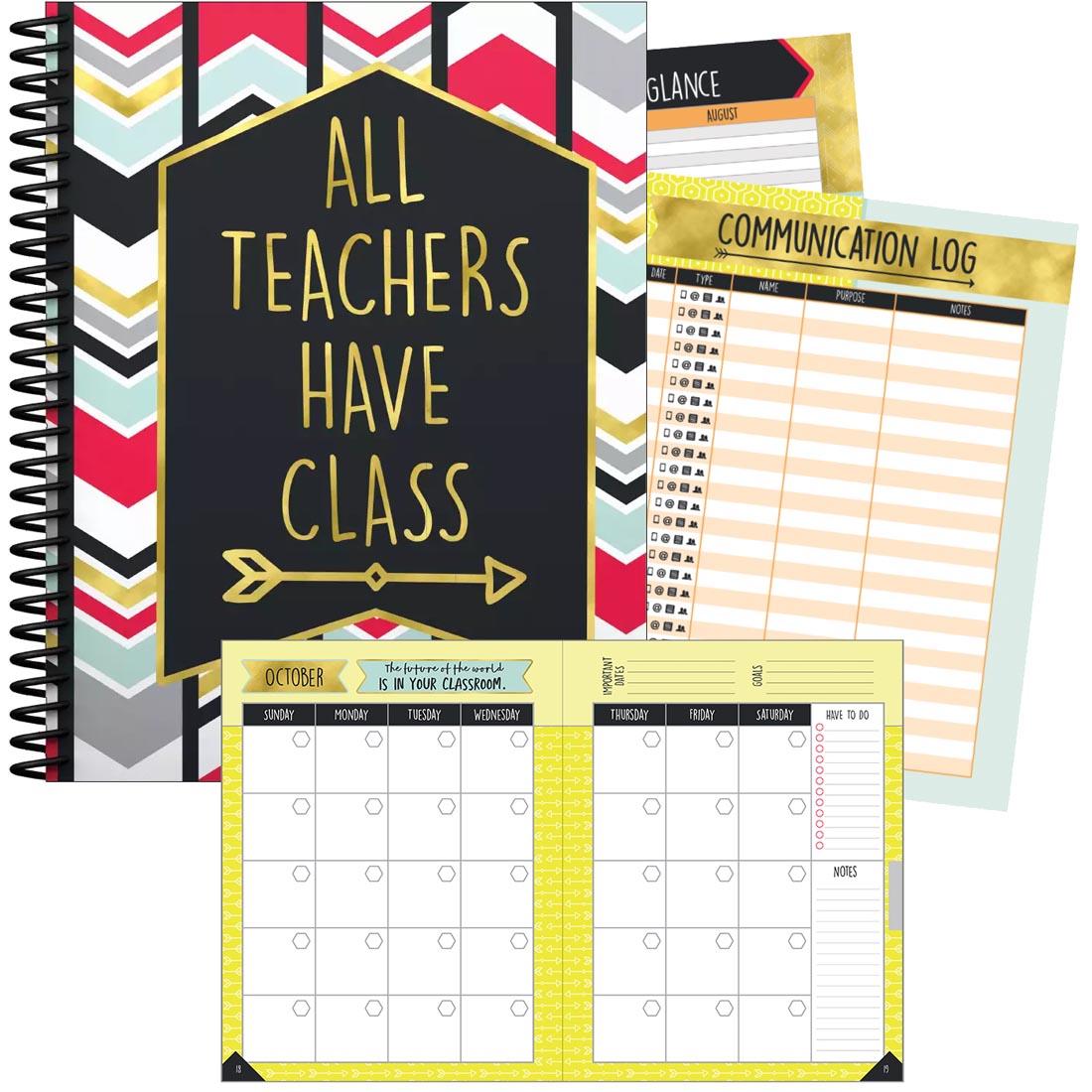Teacher Planbook cover says All Teachers Have Class; sample inside pages shown
