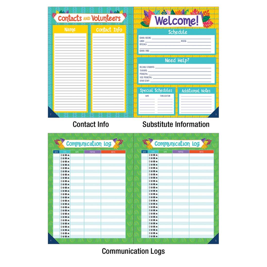 Contact Info, Substitute Information and Communication Log Pages from One World Teacher Planner