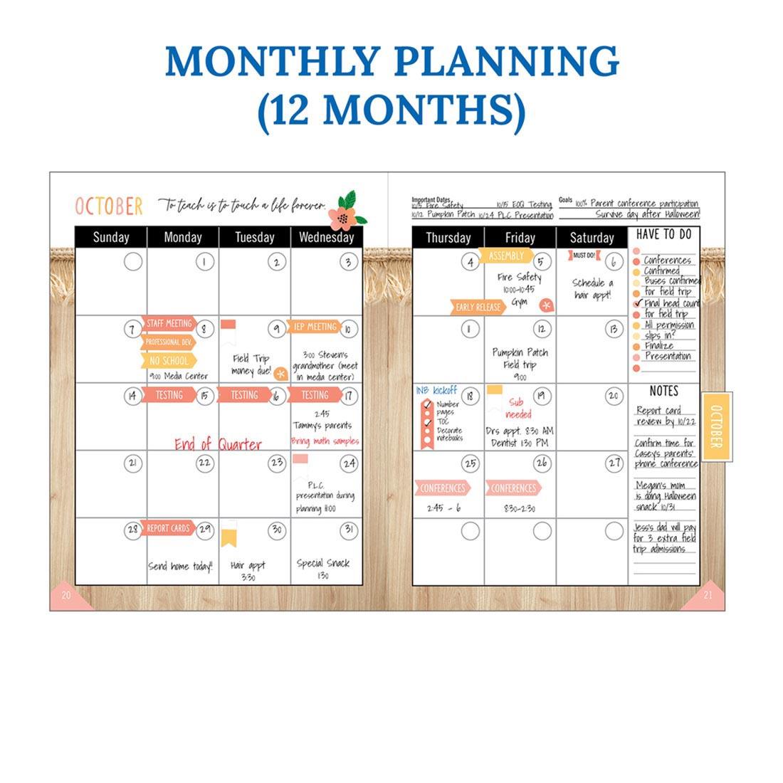 Sample of monthly planning pages from the Simply Safari Teacher Planner By Carson Dellosa