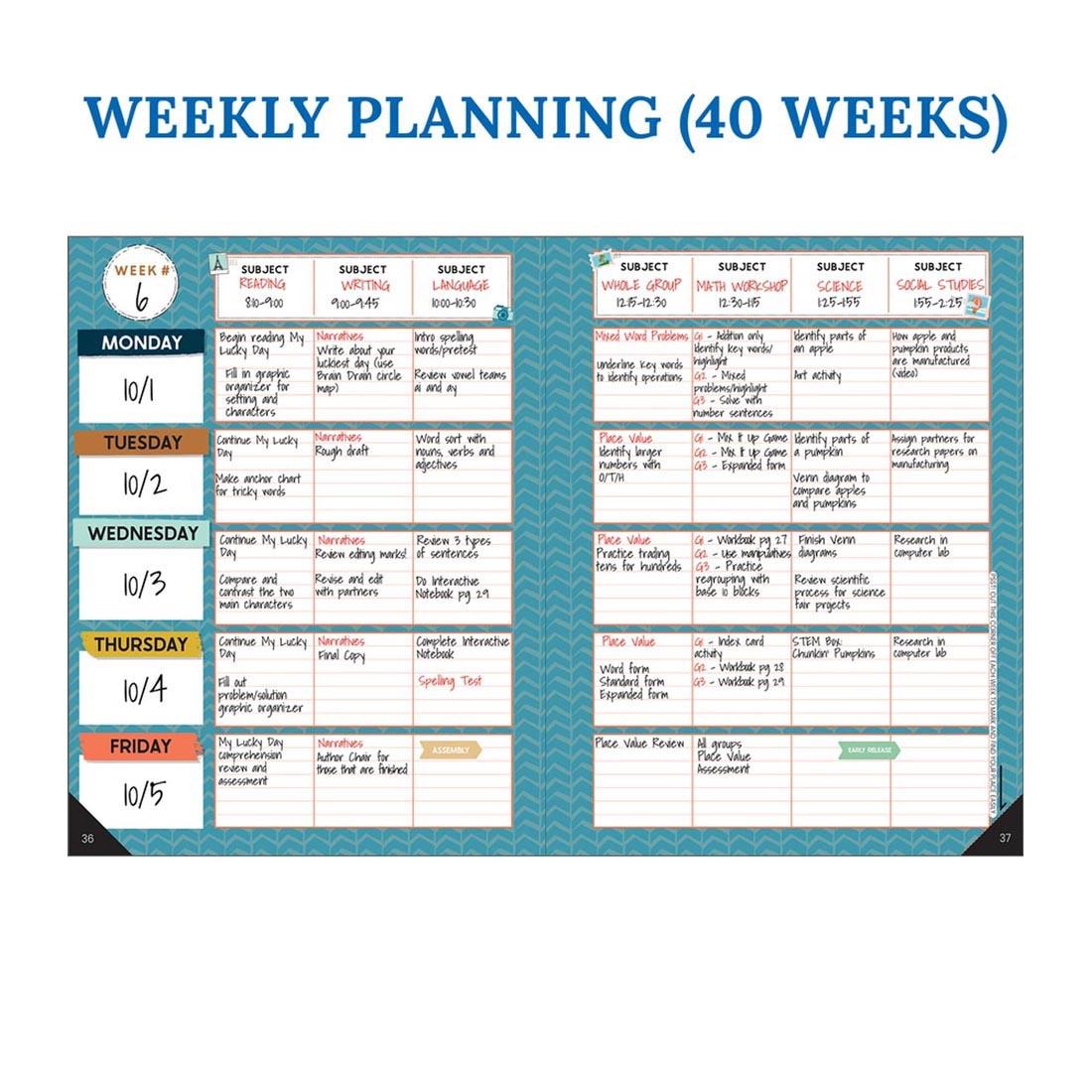 Sample of weekly planning pages from the Let's Explore Teacher Planner By Carson Dellosa