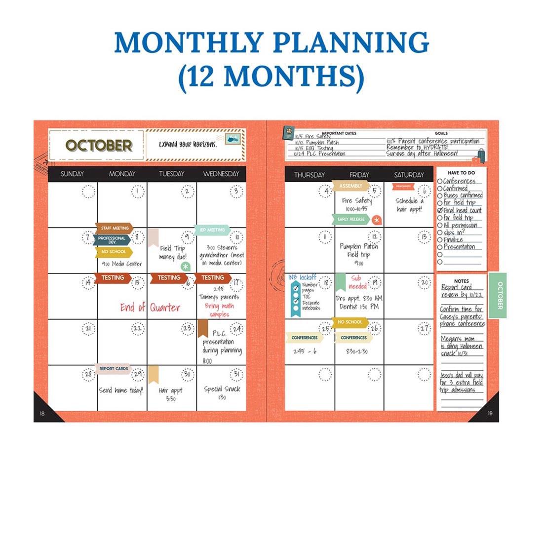 Sample of monthly planning pages from the Let's Explore Teacher Planner By Carson Dellosa