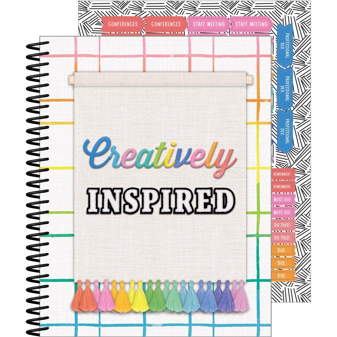 front cover and sheet of stickers from the Teacher Planner from the Creatively Inspired Collection By Carson Dellosa