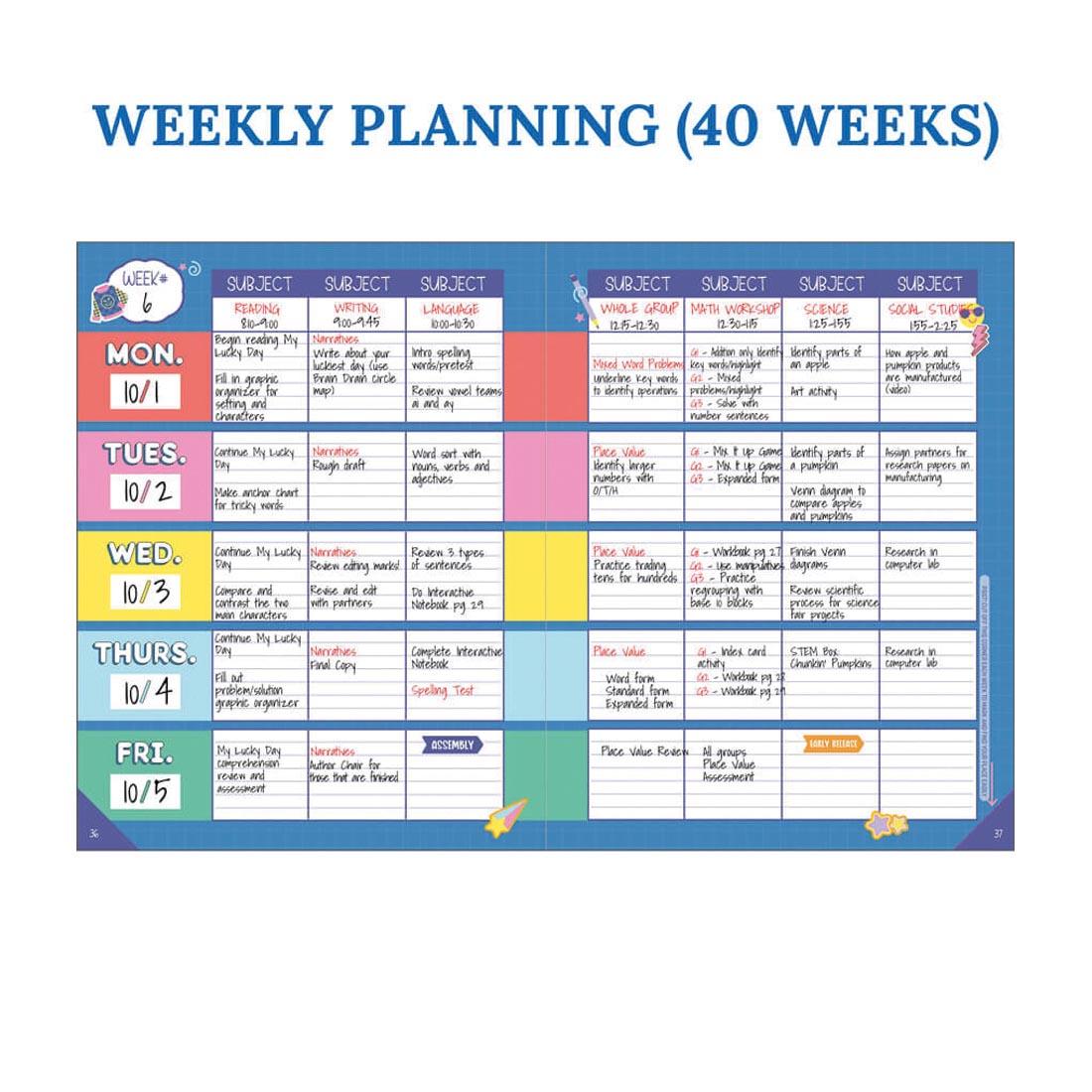 pages from the We Stick Together Teacher Planner with text WEEKLY PLANNING (40 WEEKS)