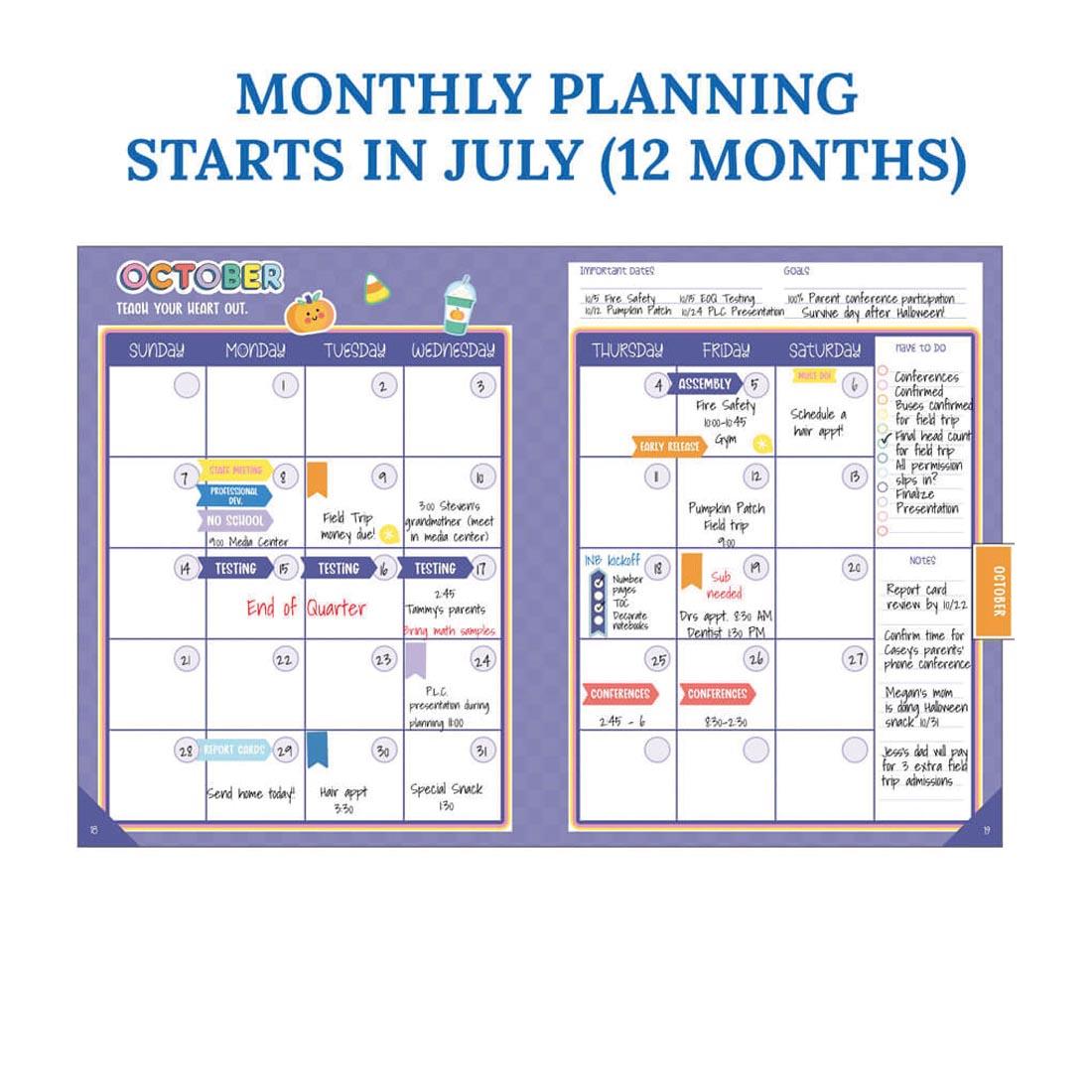 pages from the We Stick Together Teacher Planner with text MONTHLY PLANNING STARTS IN JULY (12 MONTHS)