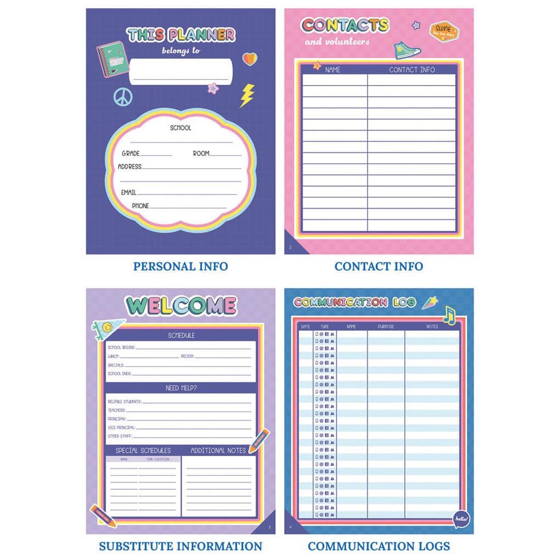 pages from the We Stick Together Teacher Planner with text PERSONAL INFO; CONTACT INFO; SUBSTITUTE INFORMATION; COMMUNICATION LOGS