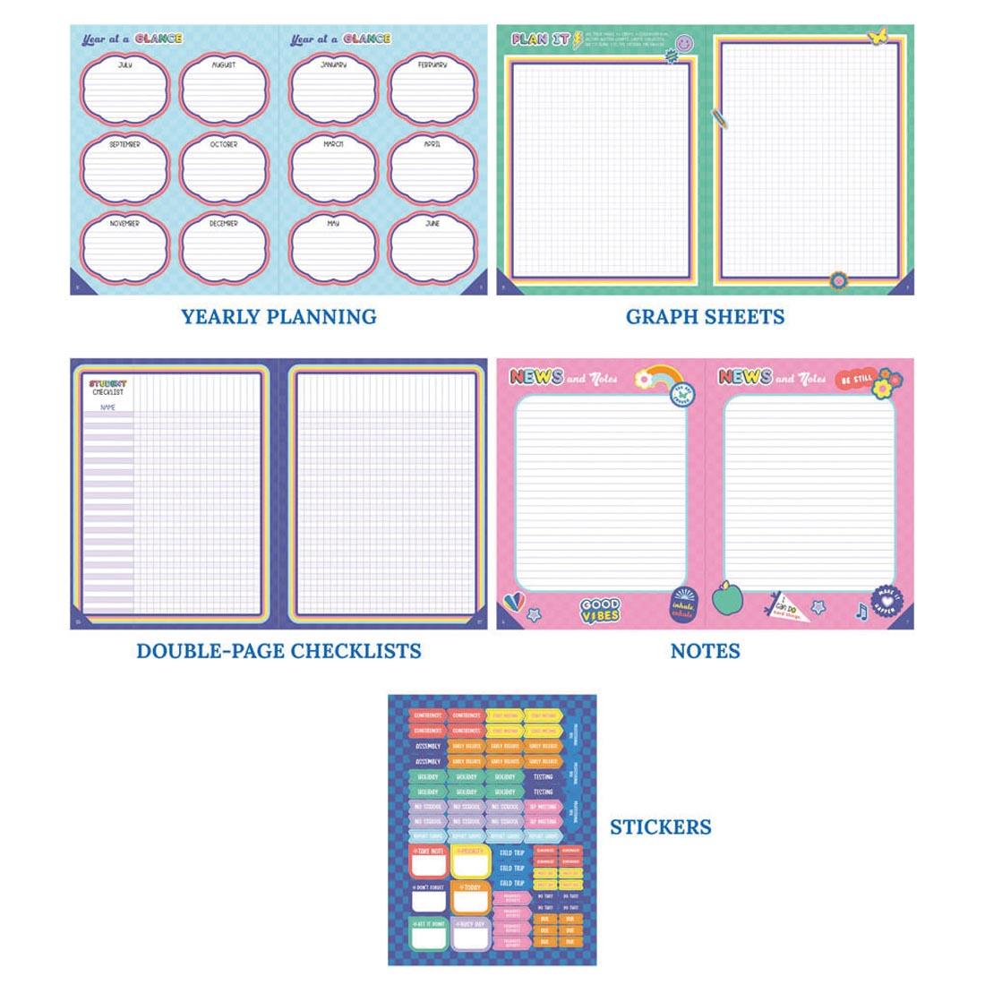 pages from the We Stick Together Teacher Planner with text YEARLY PLANNING; GRAPH SHEETS; DOUBLE-PAGE CHECKLISTS; NOTES; STICKERS