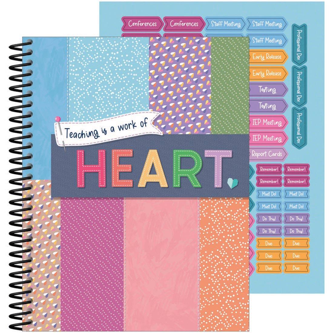 front cover and partial sheet of stickers from the Teacher Planner from the Crafty and Cool collection by Carson Dellosa