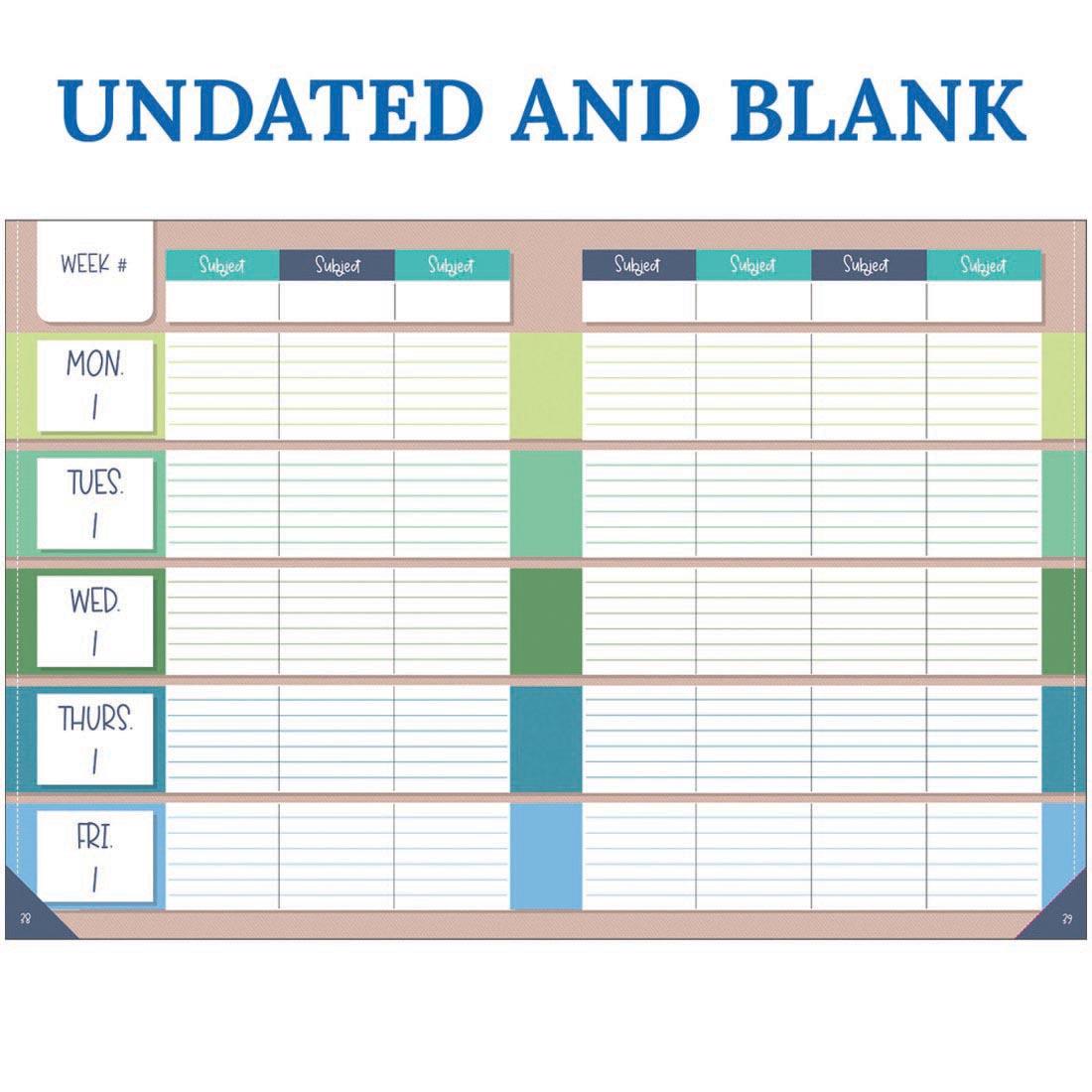 2-page spread of Teacher Planner from the Crafty and Cool collection by Carson Dellosa with text UNDATED AND BLANK