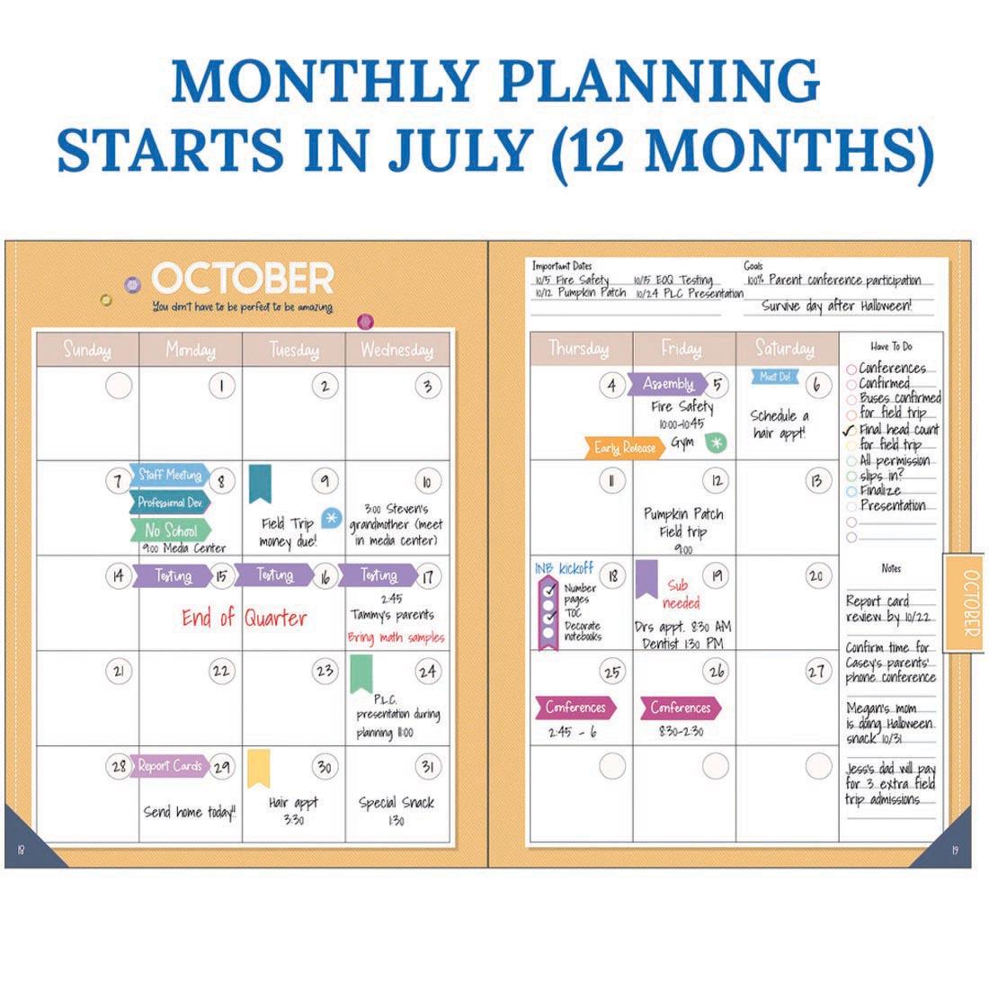 2-page spread from the Teacher Planner from the Crafty and Cool collection by Carson Dellosa with the text MONTHLY PLANNING STARTS IN JULY (12 MONTHS)