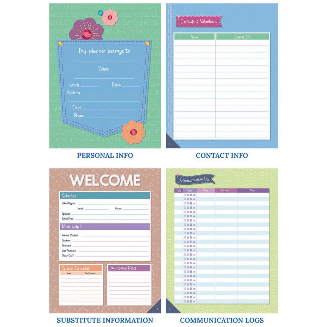 4 pages of Teacher Planner from the Crafty and Cool collection by Carson Dellosa labeled with text PERSONAL INFO; CONTACT INFO; SUBSTITUTE INFORMATION; COMMUNICATION LOGS