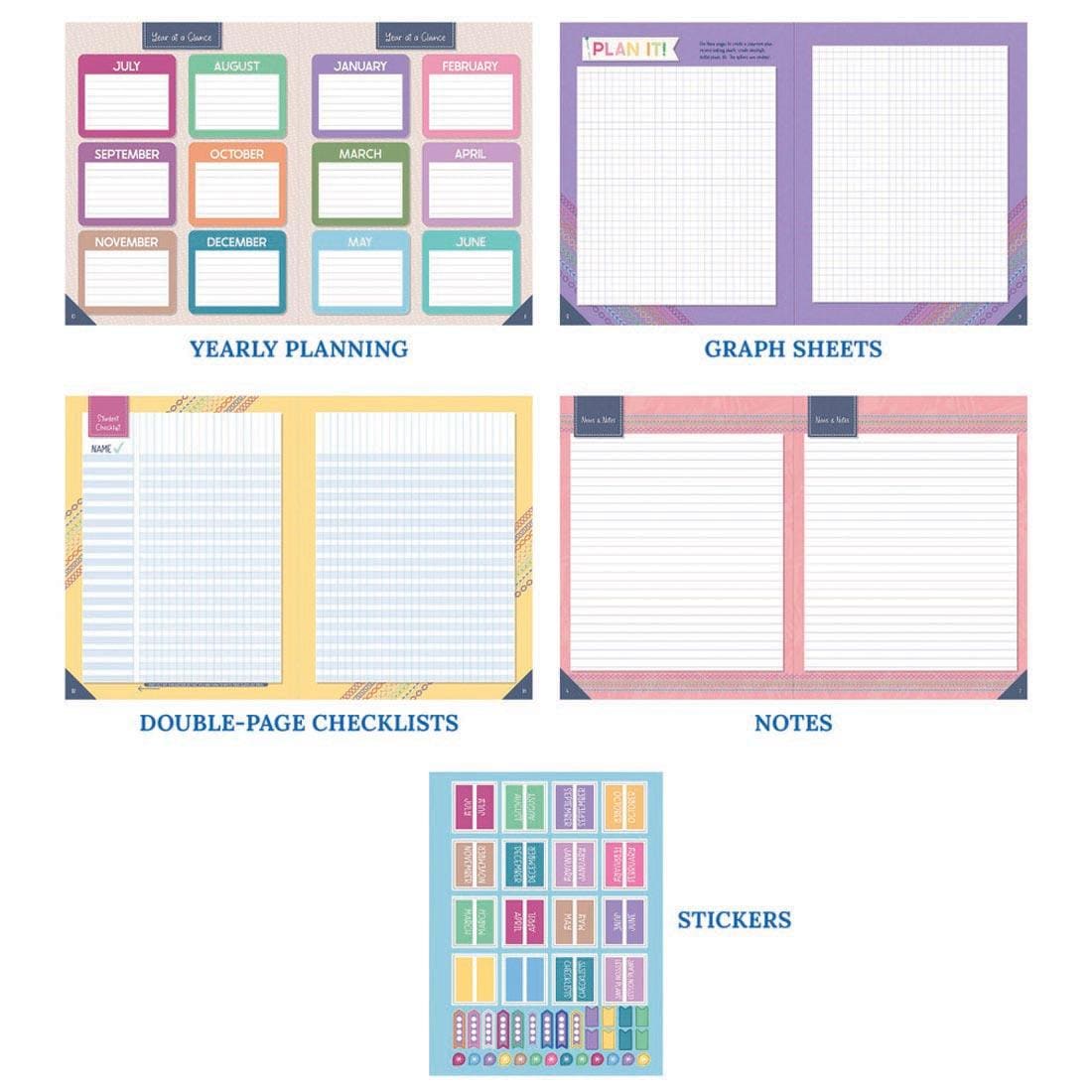 example pages from Teacher Planner from the Crafty and Cool collection by Carson Dellosa labeled with text YEARLY PLANNING; GRAPH SHEETS; DOUBLE-PAGE CHECKLISTS; NOTES; STICKERS