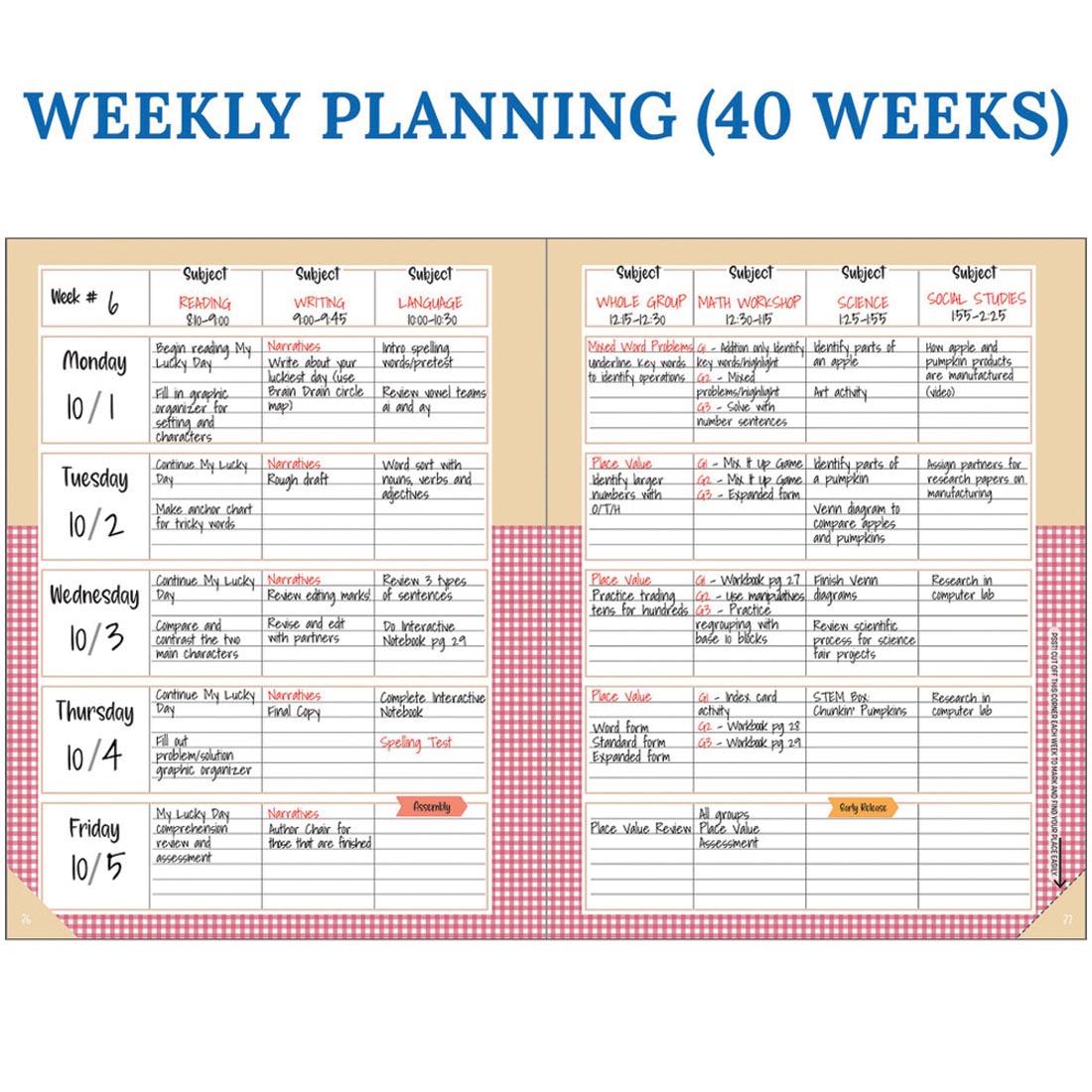 2-page spread of Teacher Planner from the Farmers Market collection By Carson Dellosa plus text Weekly Planning (40 weeks)