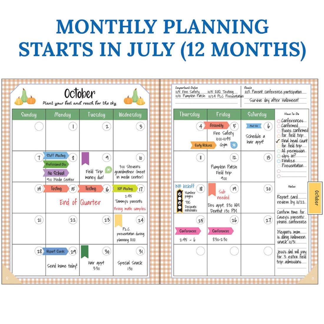 2-page spread of Teacher Planner from the Farmers Market collection By Carson Dellosa plus text Monthly Planning starts in July (12 months)