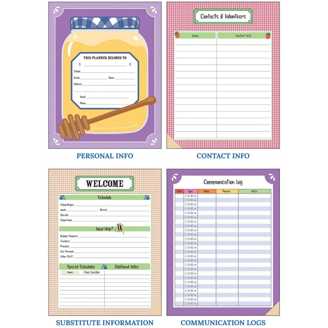 4 pages of Teacher Planner from the Farmers Market collection By Carson Dellosa labeled Personal Info; Contact Info; Substitute Information; Communication Logs
