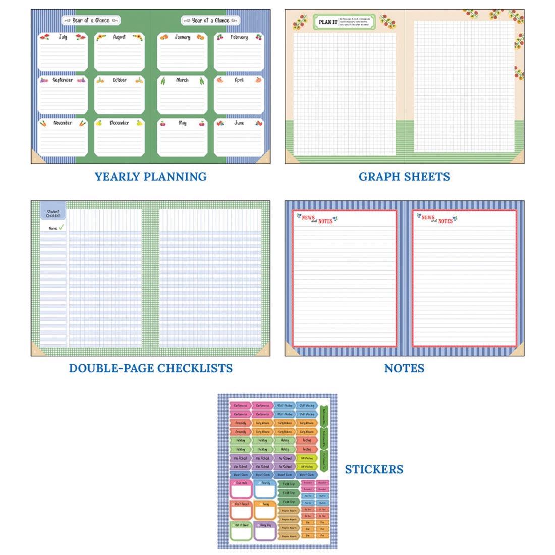 4 spreads plus sticker sheet of Teacher Planner from the Farmers Market collection By Carson Dellosa labeled Yearly planning; Graph sheets; Double-page checklists; Notes; Stickers