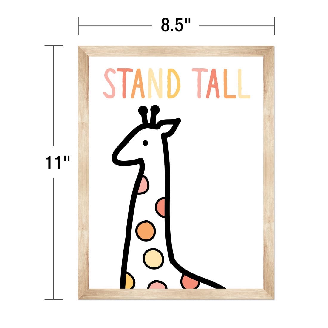 Simply Safari Mini Poster with cartoon giraffe and words "Stand Tall", plus measurements of 11" tall and 8.5" wide