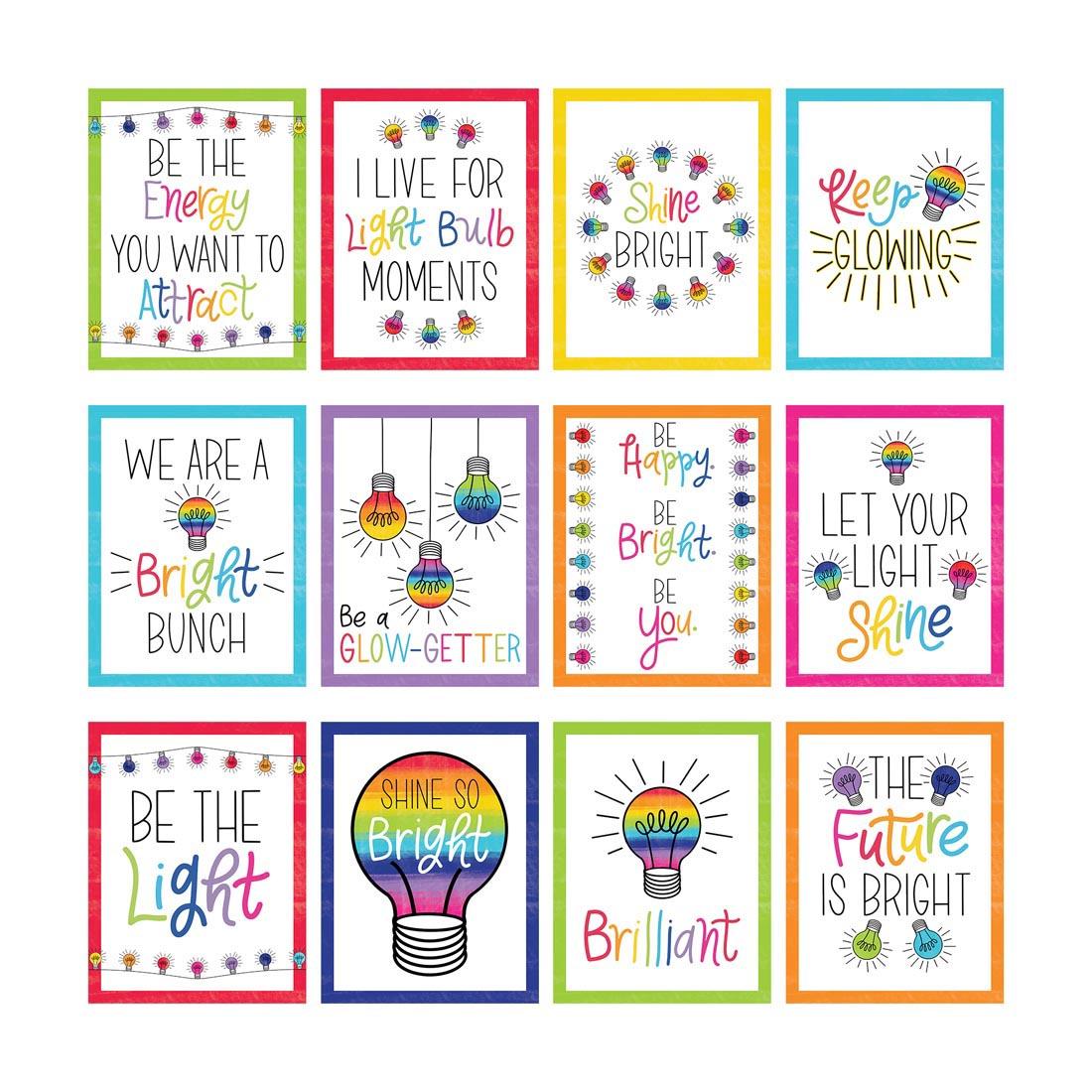Light Bulb Moments Mini Posters Set By Carson Dellosa featuring colorful images of lightbulbs and positive sayings