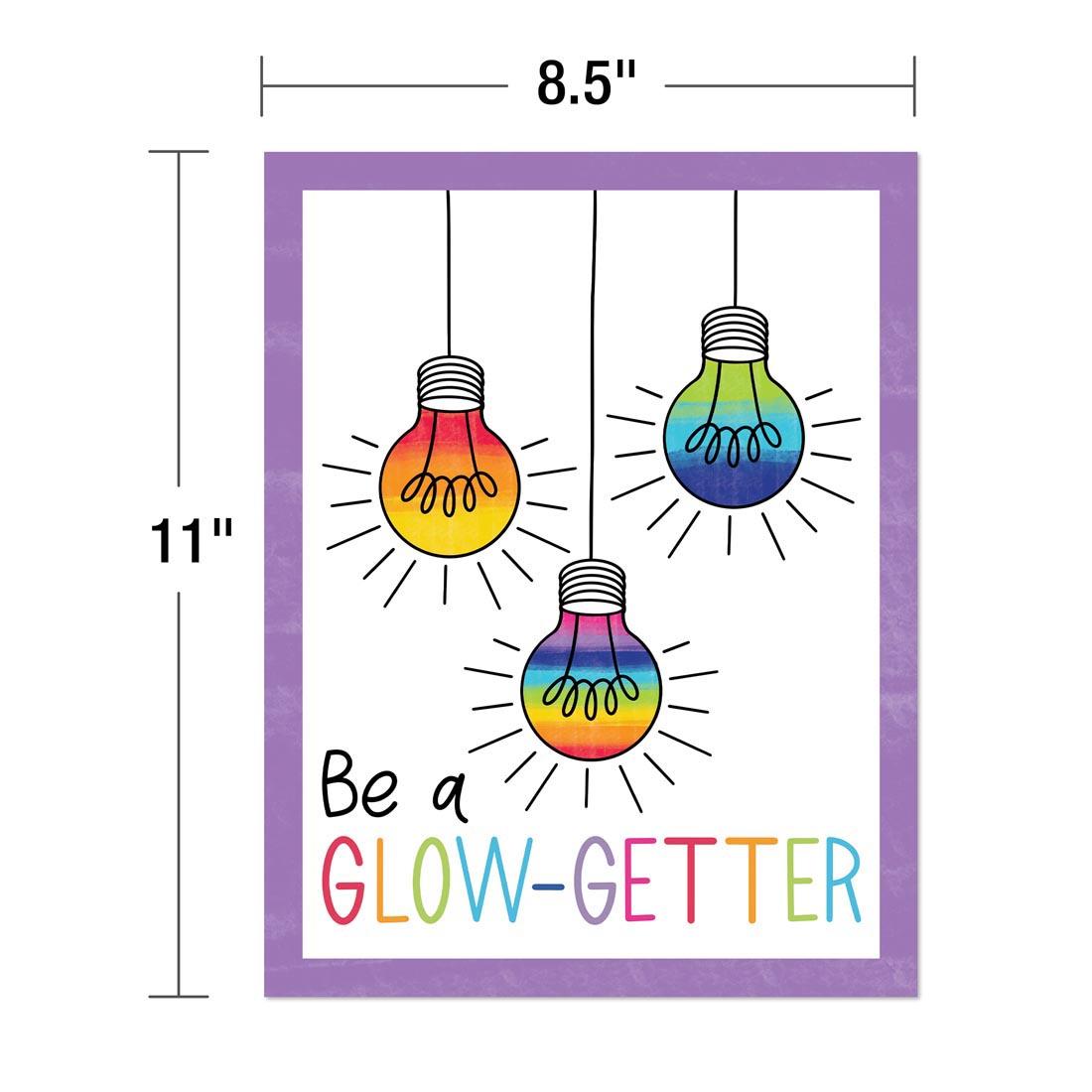 Light Bulb Moments Mini Poster showing rainbow light bulbs and the words "Be A Glow-Getter" plus measurements of 11" tall and 8.5" wide