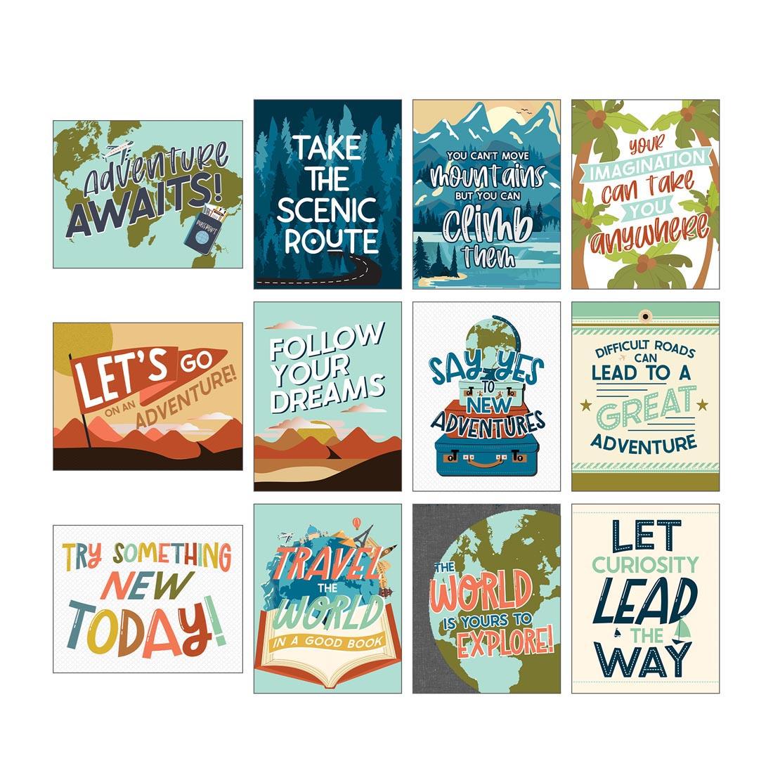 Set of 12 Let's Explore Mini Poster By Carson Dellosa featuring colorful, adventure themed images and positive sayings