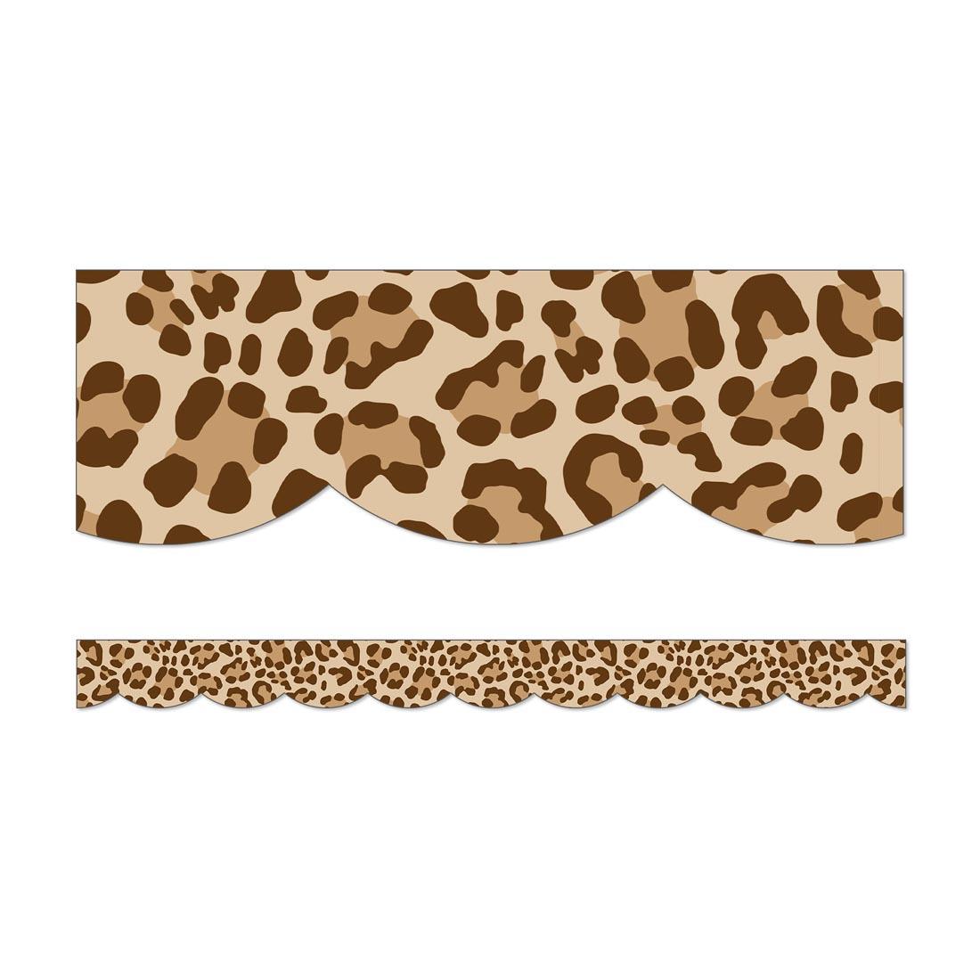 Close up of Simply Safari Leopard Scalloped Border By Carson Dellosa, featuring a leopard print, plus an example of a full strip