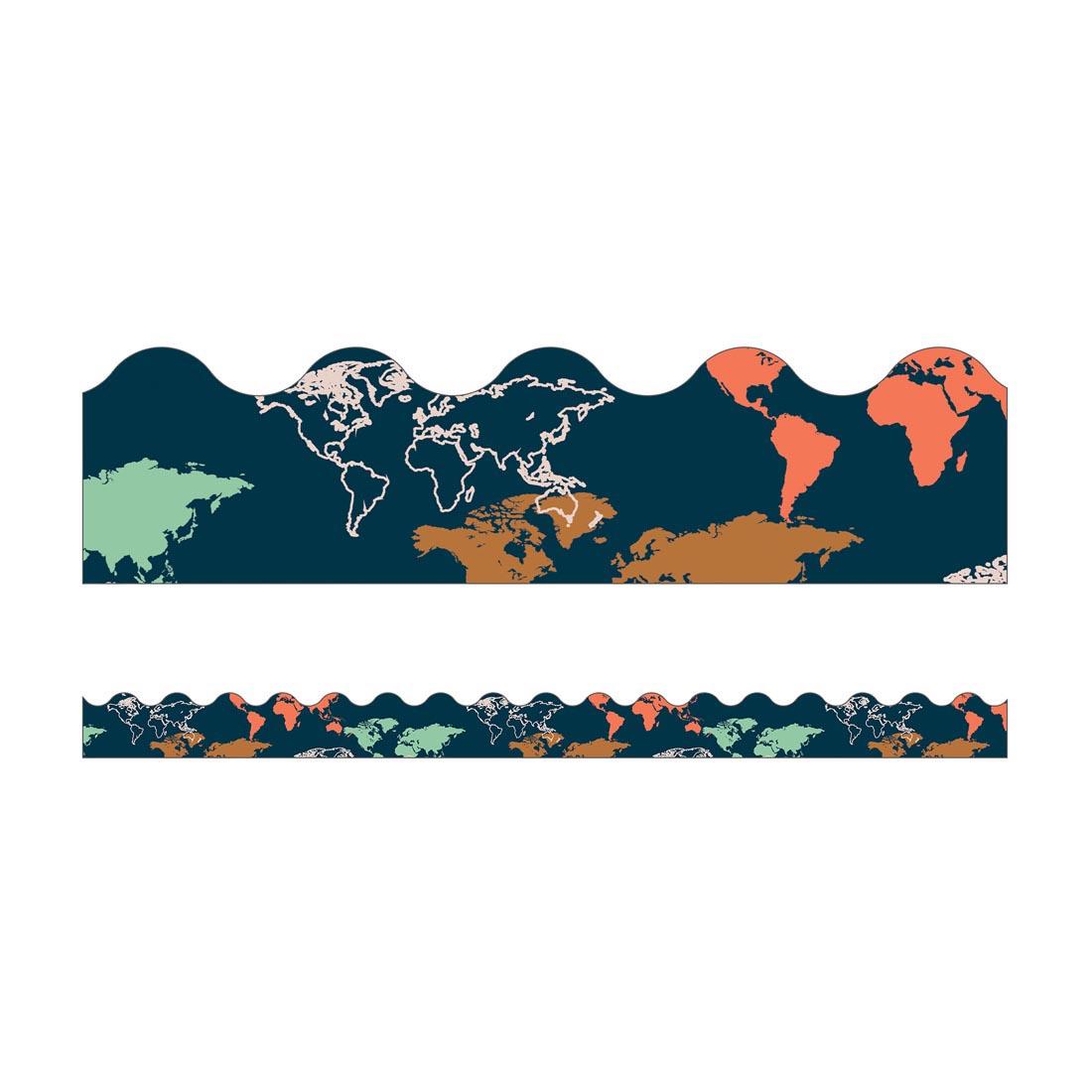 Full strip of Let's Explore World Map Scalloped Border By Carson Dellosa, featuring dark blue oceans and solid color continents, plus a close up