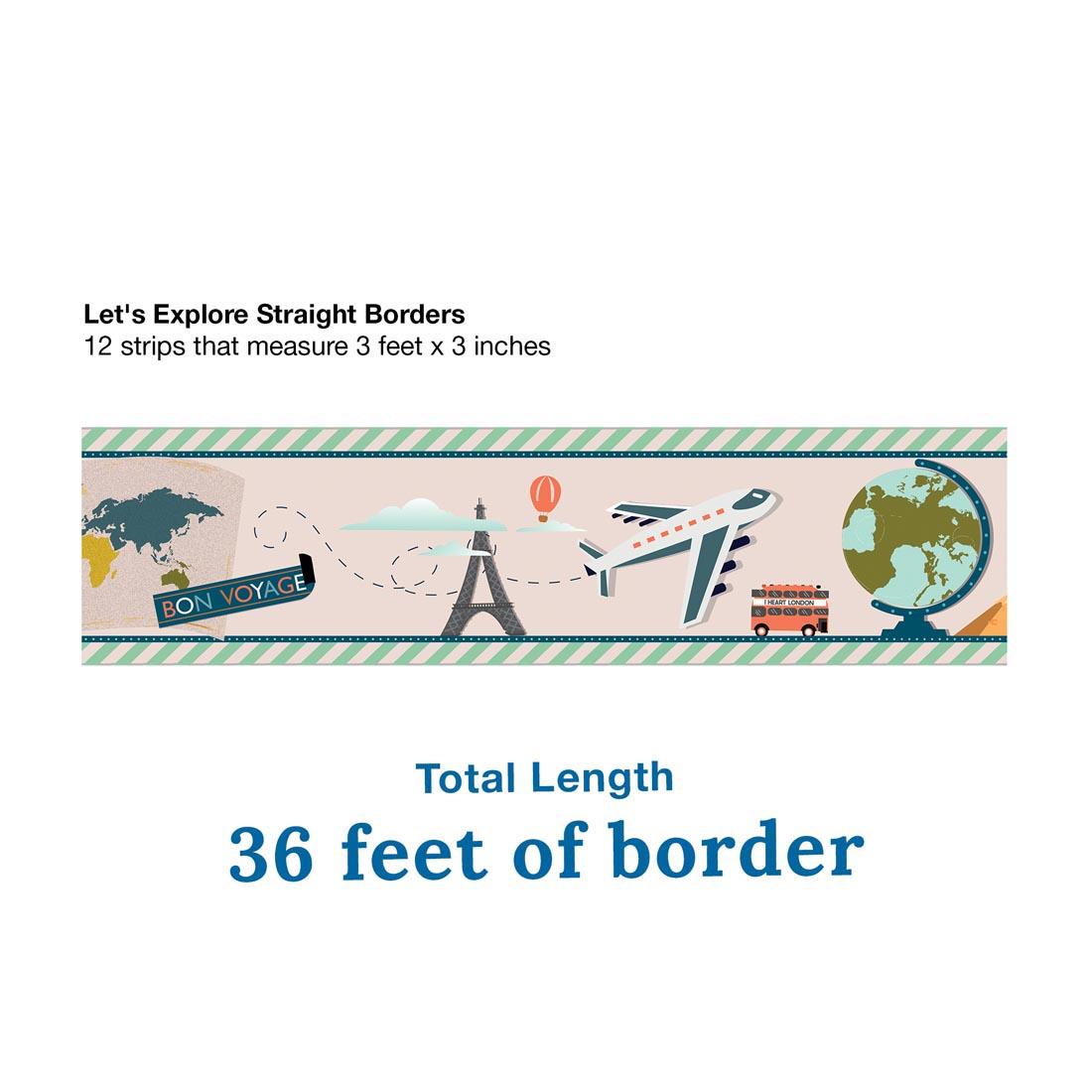 Close up of Let's Explore Straight Border By Carson Dellosa, featuring various travel related images, with total length listed of 36 feet