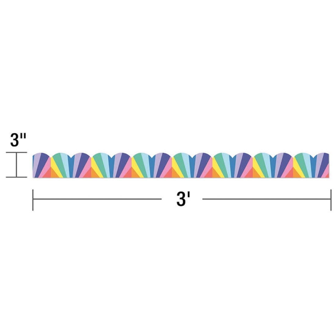 strip of Rainbow Burst Scalloped Border from the We Stick Together collection by Carson Dellosa labeled with measurements