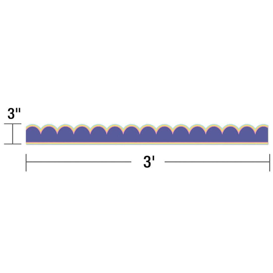 strip of Pop Of Purple Scalloped Border from the We Stick Together collection by Carson Dellosa labeled with measurements