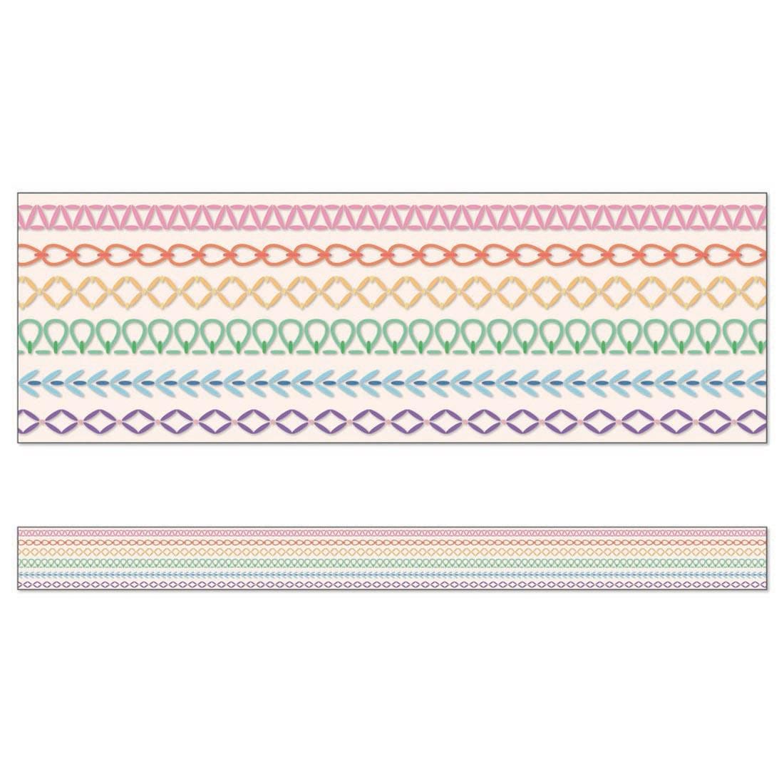closeup plus a full strip of Rainbow Stitched Straight Bulletin Board Border from the Crafty and Cool collection by Carson Dellosa 