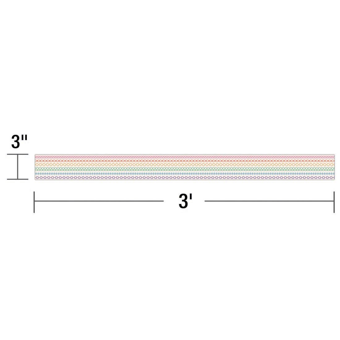 strip of Rainbow Stitched Straight Bulletin Board Border from the Crafty and Cool collection by Carson Dellosa labeled with measurements 3" and 3'