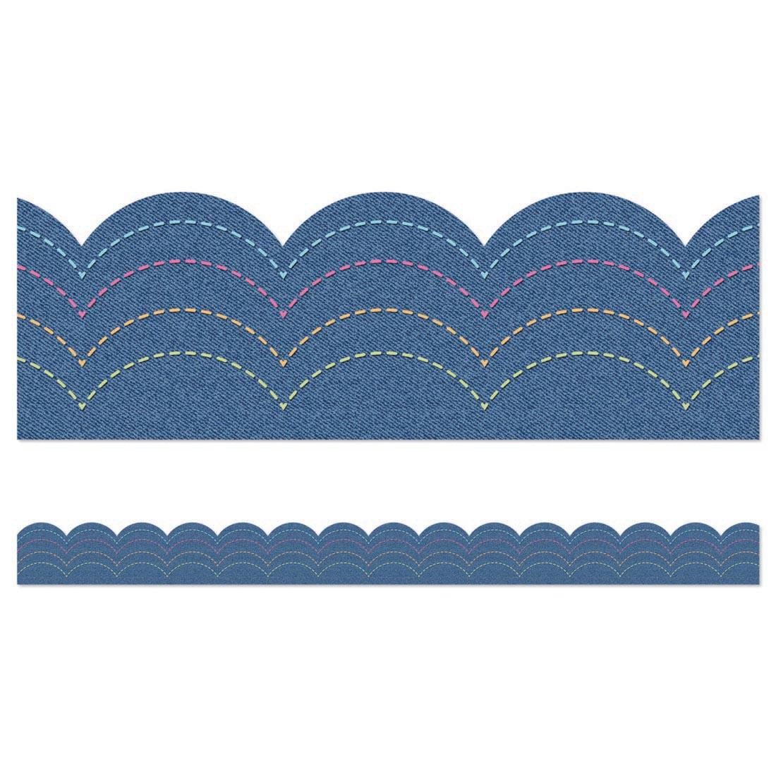 closeup plus a full strip of Denim Scalloped Bulletin Board Border from the Crafty and Cool collection by Carson Dellosa