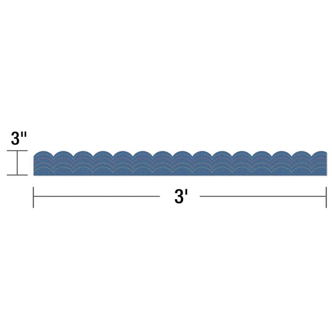 strip of Denim Scalloped Bulletin Board Border from the Crafty and Cool collection by Carson Dellosa labeled with measurements 3" and 3'