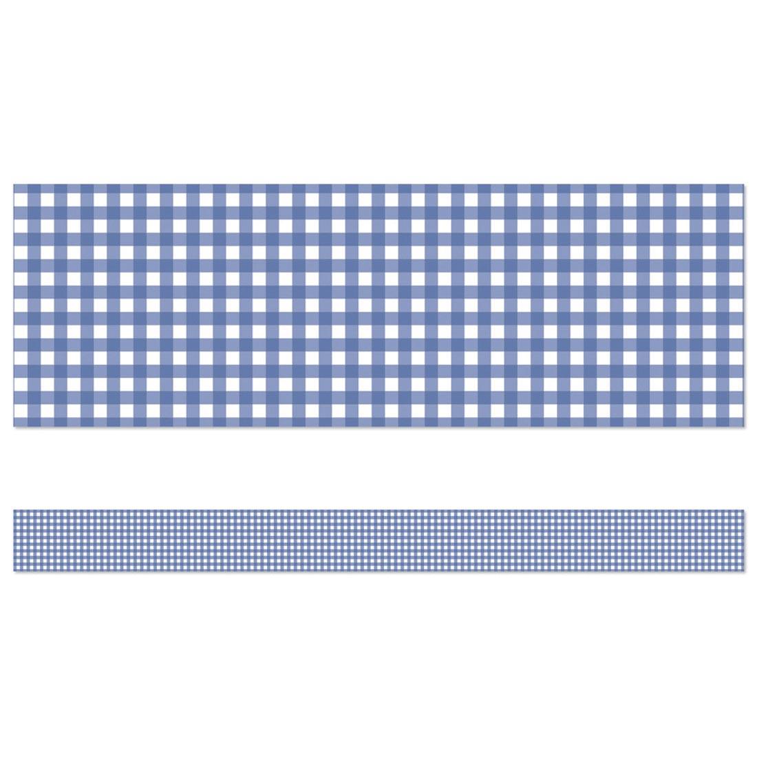 Full strip plus closeup of Blue Gingham Straight Border from the Farmers Market collection By Carson Dellosa