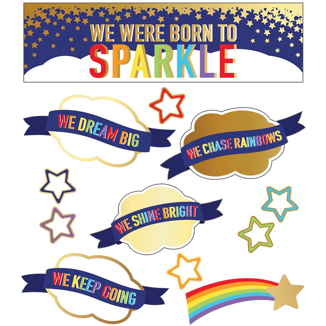 We Were Born to Sparkle Mini Bulletin Board Set with sayings like We Dream Big and We Keep Going