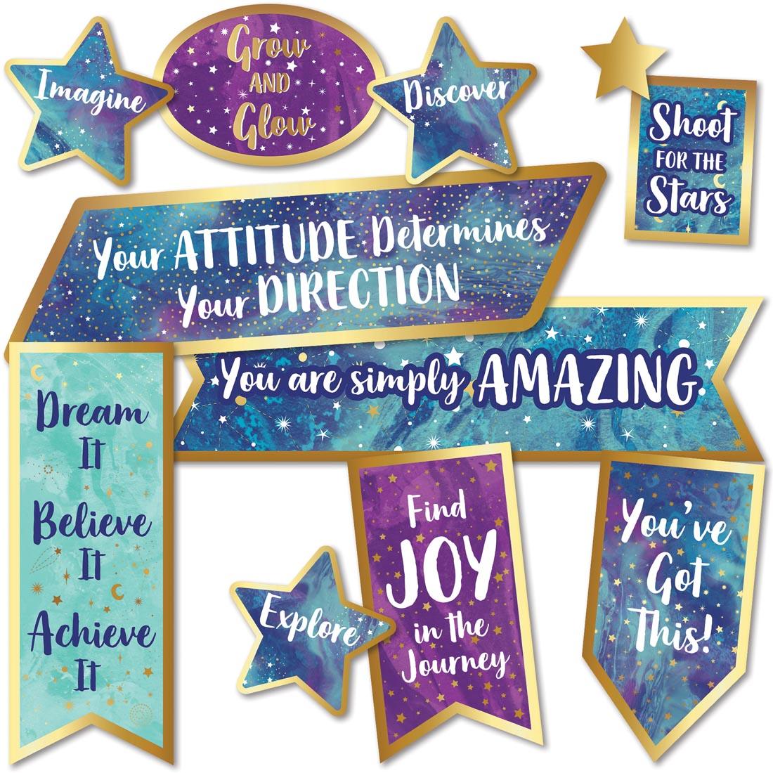 Galaxy Motivational Signs Mini Bulletin Board Set with quotes like Your Attitude Determines Your Direction and Find Joy in the Journey
