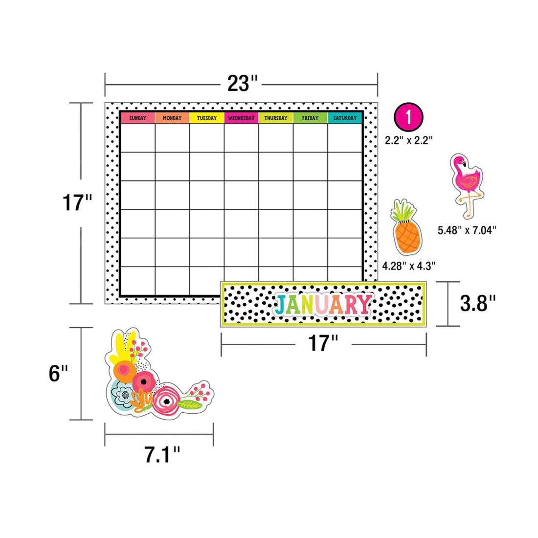 Measurements of the pieces of Simply Stylish Tropical Pineapple Calendar Bulletin Board Set by Carson Dellosa