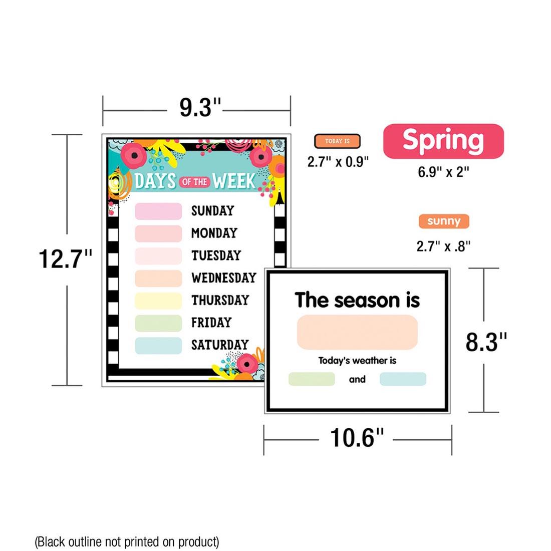 Measurements of the Pieces of Simply Stylish Tropical Pineapple Calendar Bulletin Board Set by Carson Dellosa