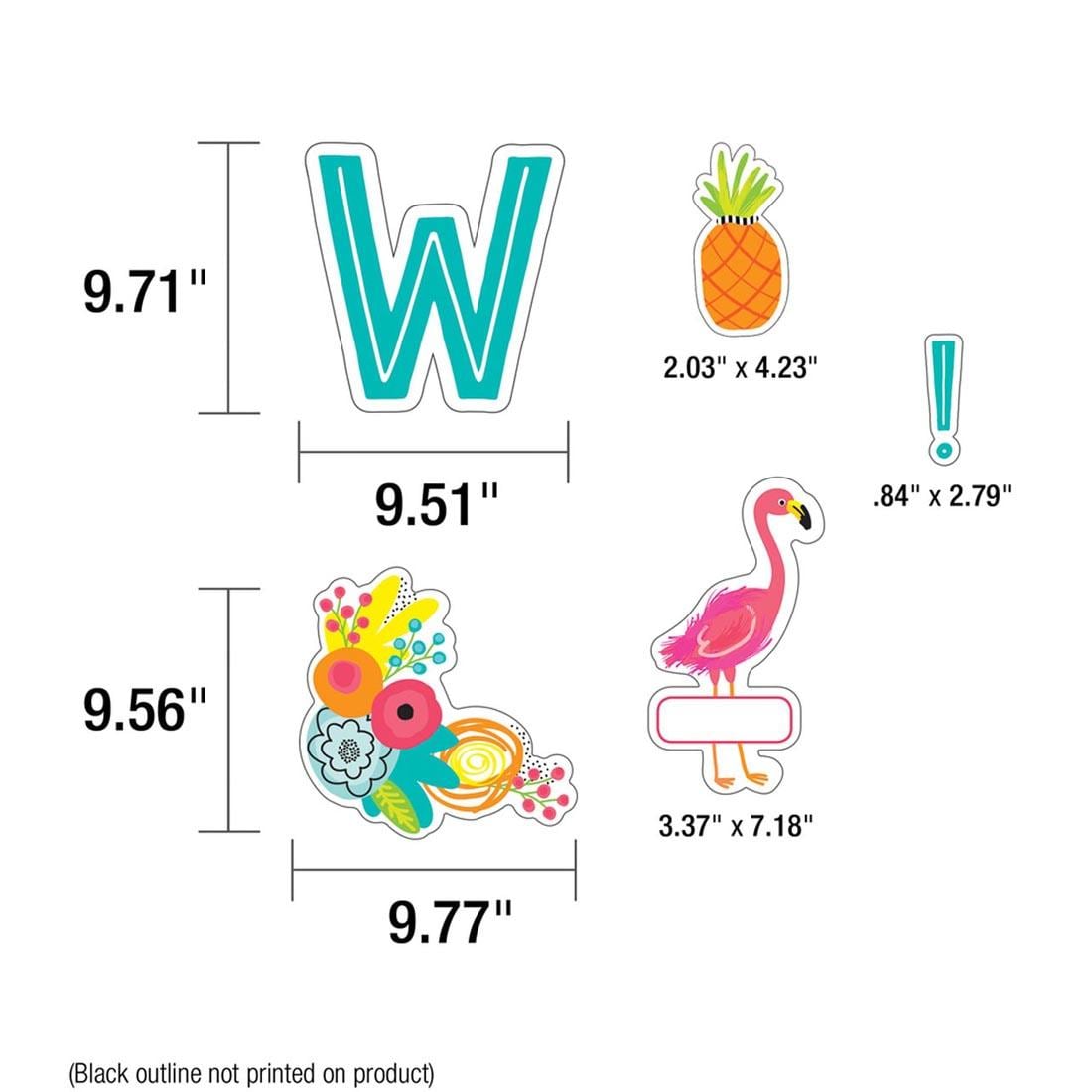 Measurements of the pieces of Simply Stylish Tropical Welcome to the Flock Bulletin Board Set by Carson Dellosa