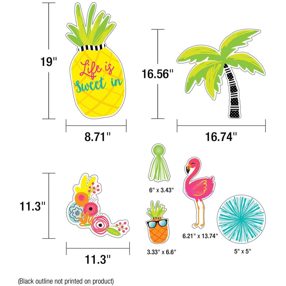 pieces from the Life Is Sweet Bulletin Board Set from the Simply Stylish Tropical collection by Carson Dellosa labeled with their measurements plus the text (Black outline not printed on product)