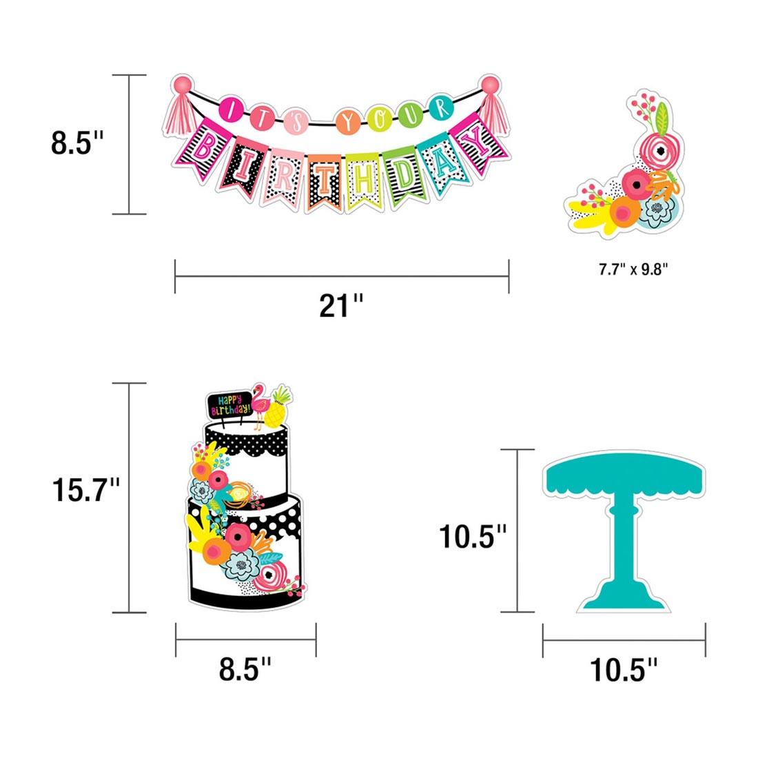 Measurements of Pieces of Simply Stylish Tropical Pineapple Birthday Bulletin Board Set by Carson Dellosa