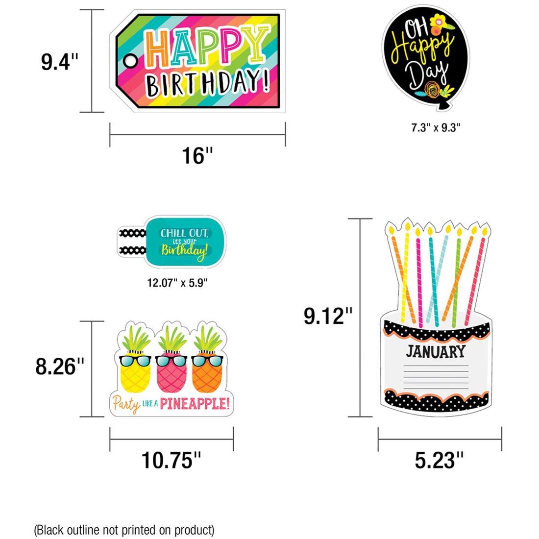 Measurements of Pieces of Simply Stylish Tropical Pineapple Birthday Bulletin Board Set by Carson Dellosa