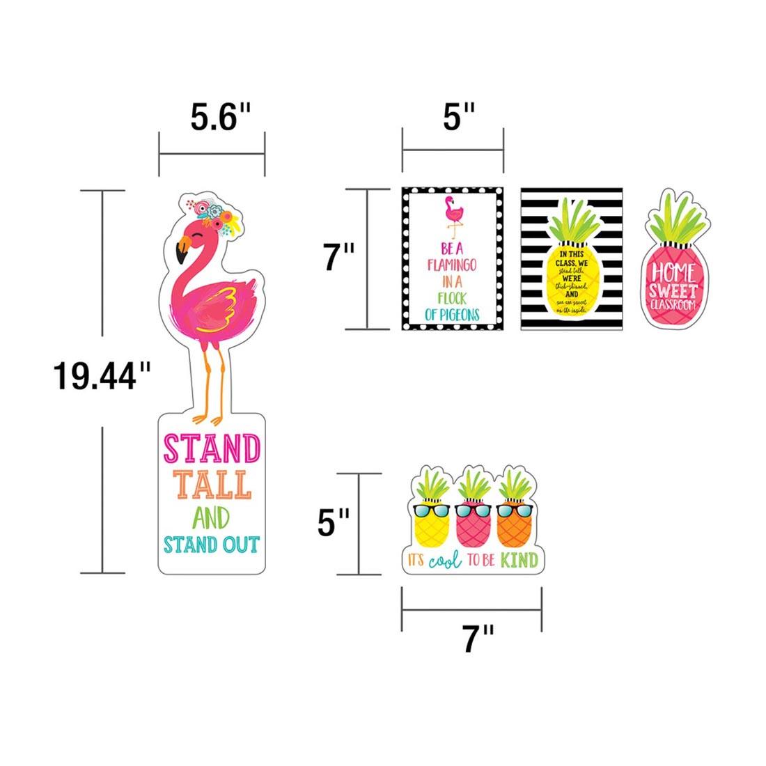 Pieces of Simply Stylish Tropical Motivational Mini Bulletin Board Set by Carson Dellosa with their Measurements
