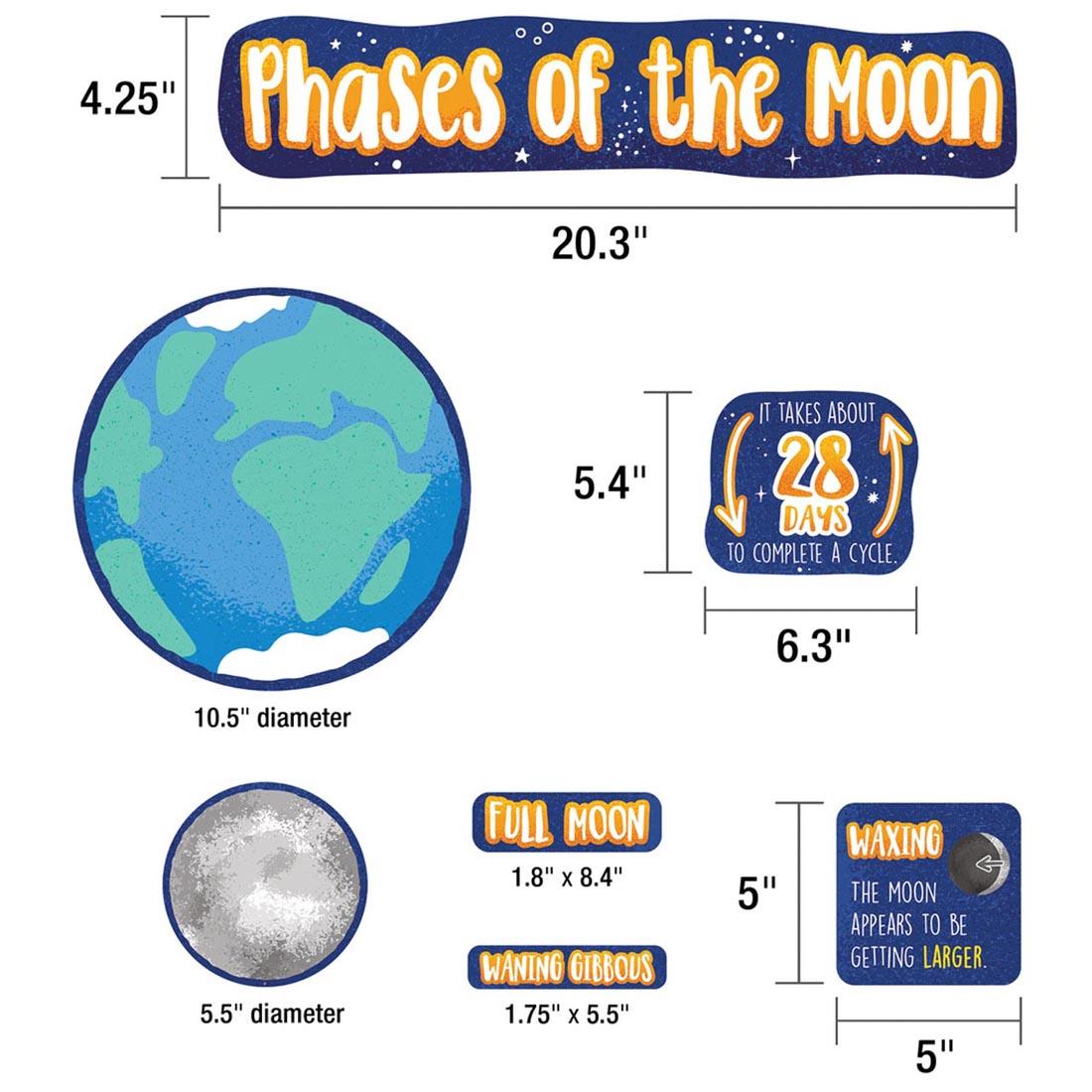 Pieces of the Phases of the Moon Mini Bulletin Board Set by Carson Dellosa with their measurements