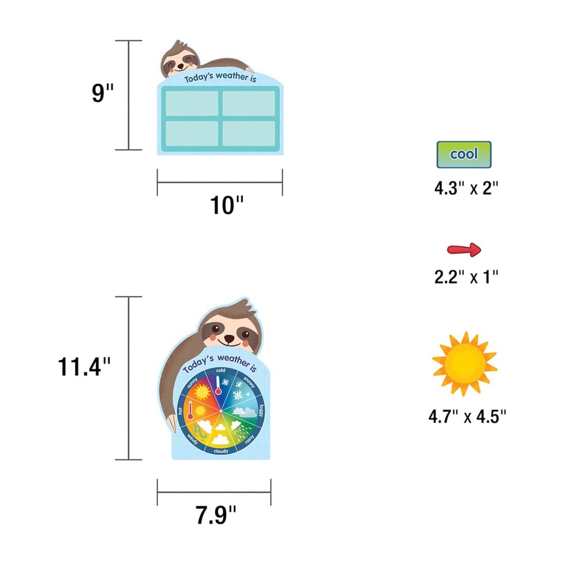 Pieces of the One World Sloth Dress Me for the Weather Bulletin Board Set by Carson Dellosa with their measurements