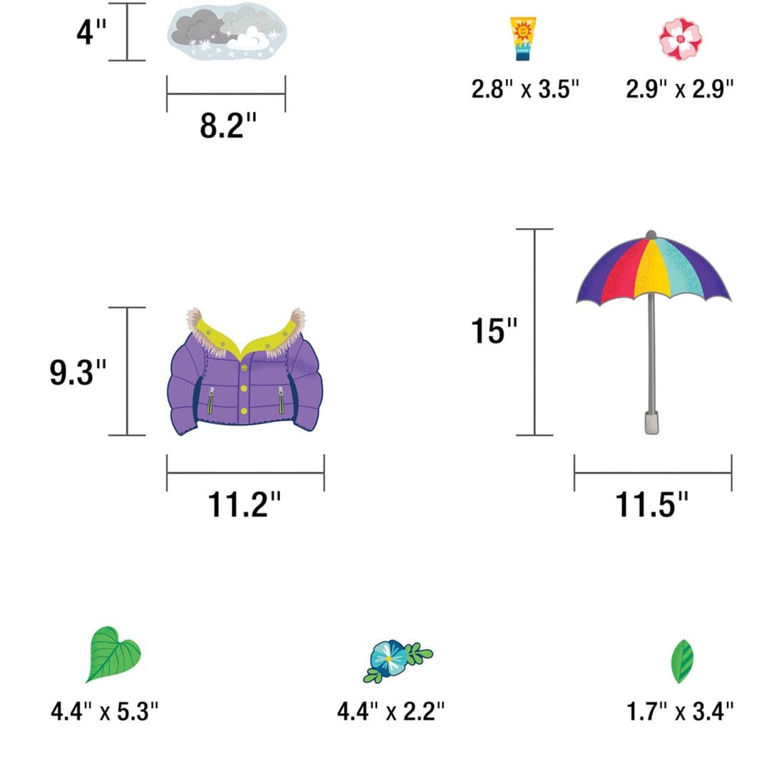 Pieces of the One World Sloth Dress Me for the Weather Bulletin Board Set by Carson Dellosa with their measurements