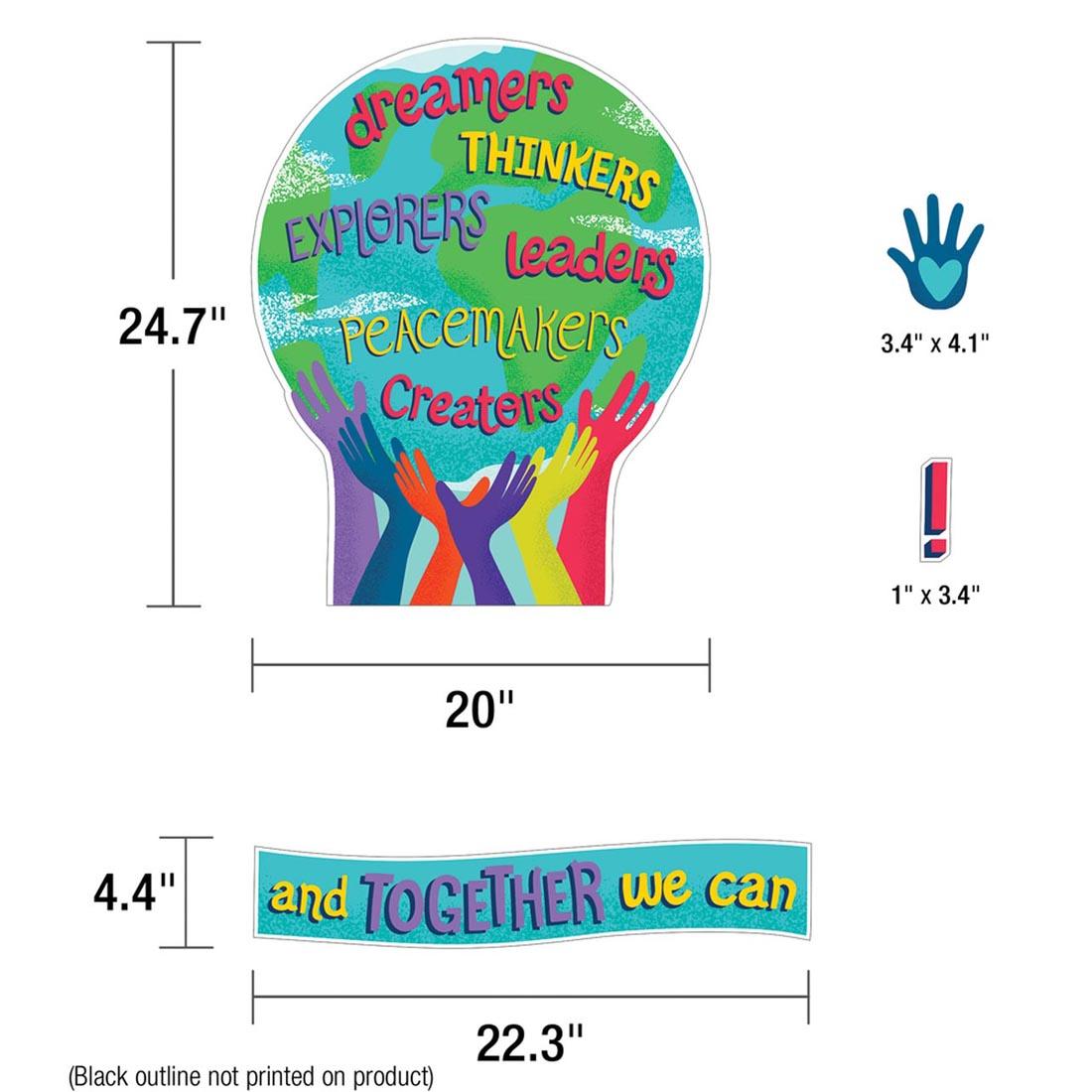 Pieces of the One World Together We Can Change the World Bulletin Board Set by Carson Dellosa with their measurements