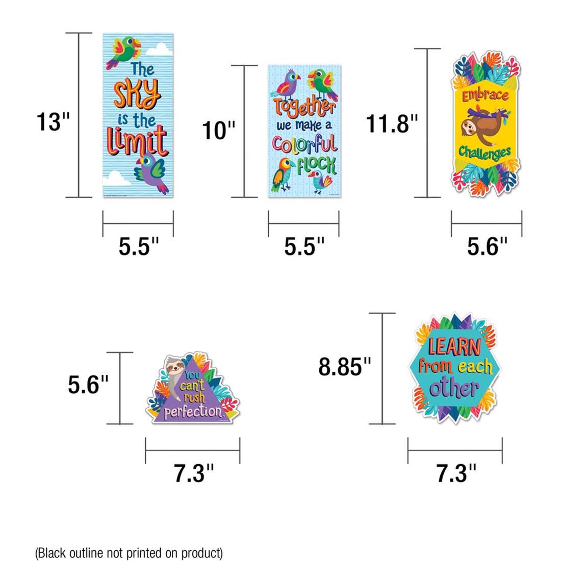 Pieces of the One World Motivational Mini Bulletin Board Set by Carson Dellosa with their measurements